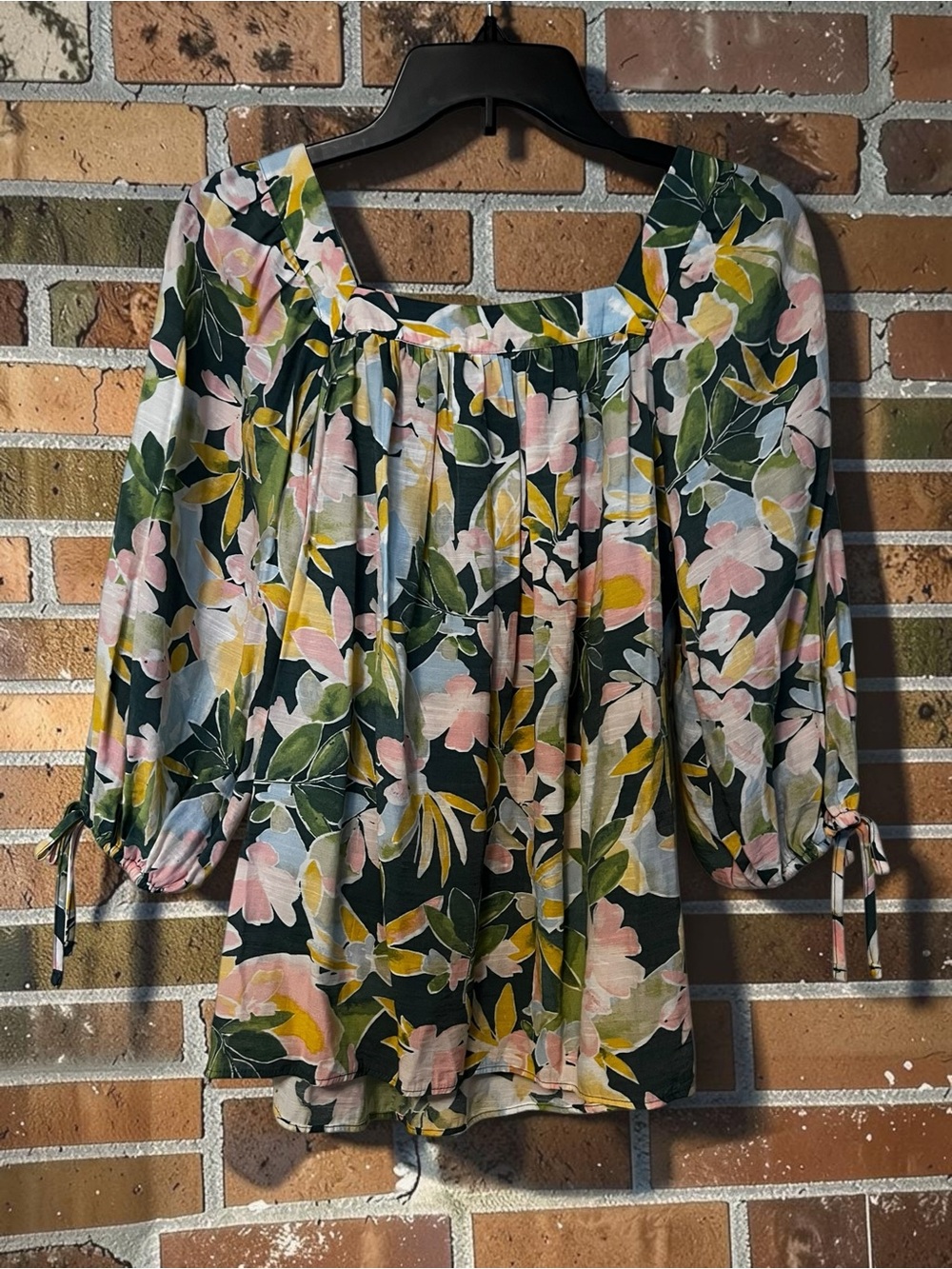 Women's Square-Neck Floral Peasant Blouse in Dark Green and Pink